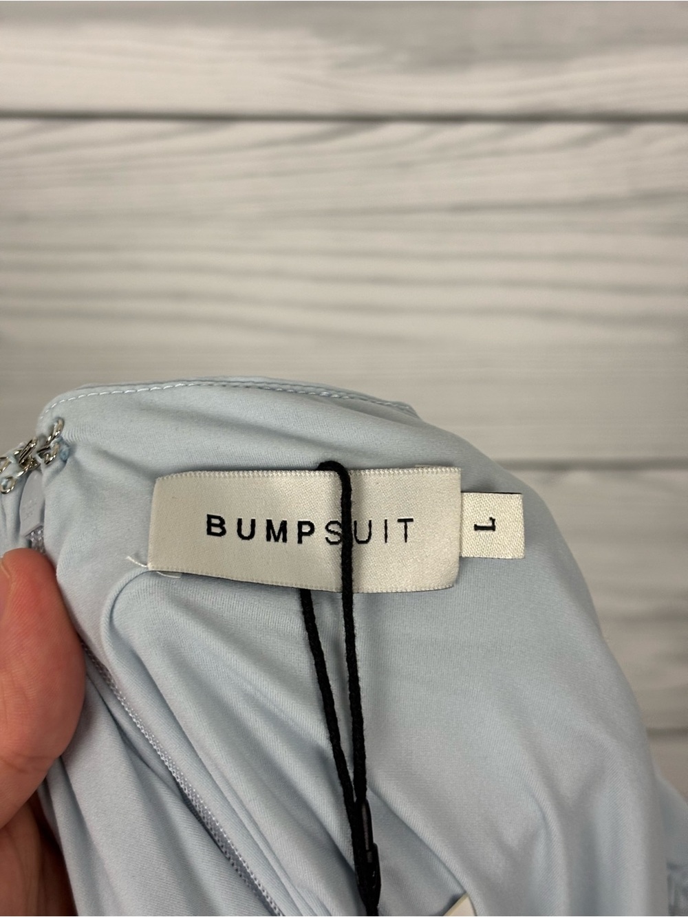 Bumpsuit maternity airbrush off the shoulder dress size large NWT Powder blue - Picture 8 of 10